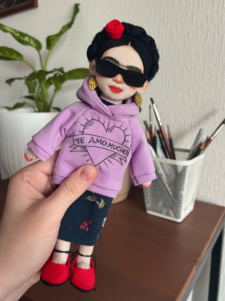 Textile art doll inspired by Frida Kahlo