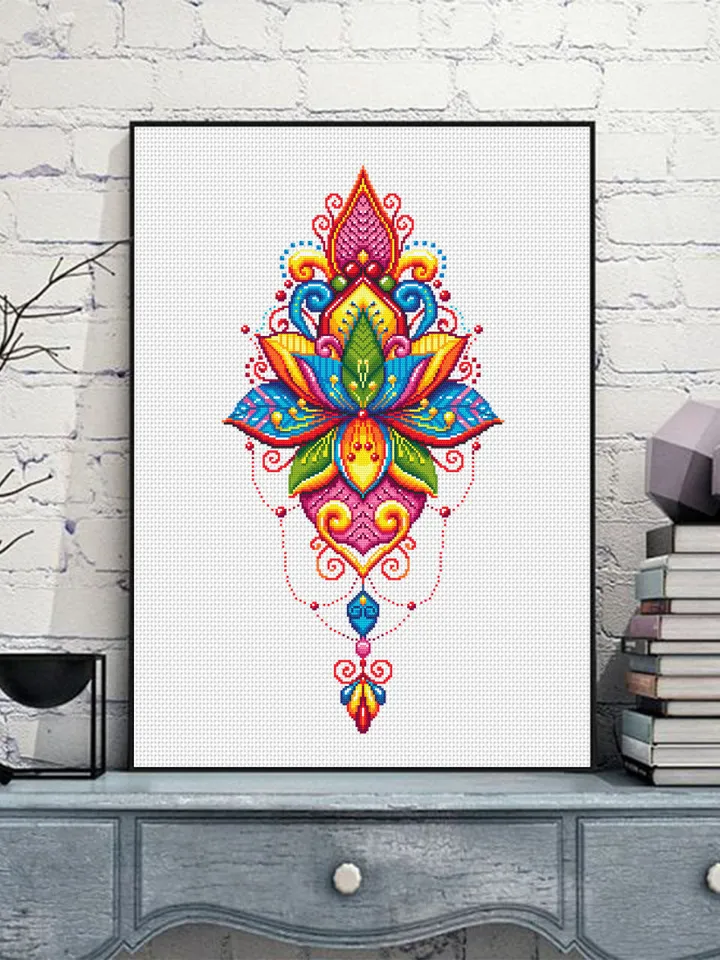 Lotus flower mandala cross stitch pattern PDF download Floral mandala embroidery PDF, Rainbow lotus cross stitch chart, Indian mandala #M198
