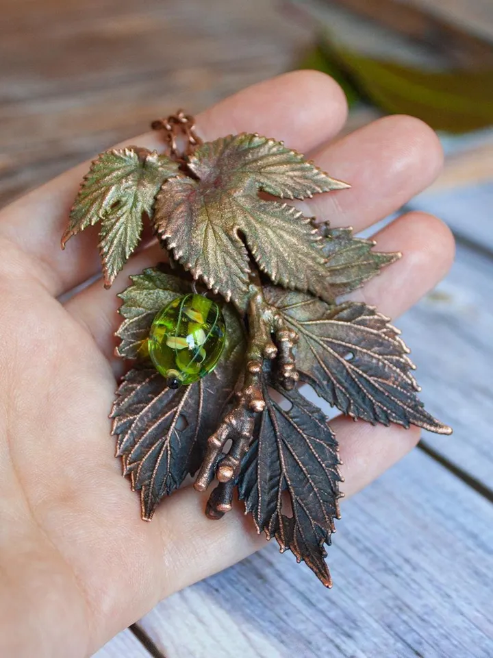 Unique handmade copper pendant made of nature leaves in a single copy, original gift