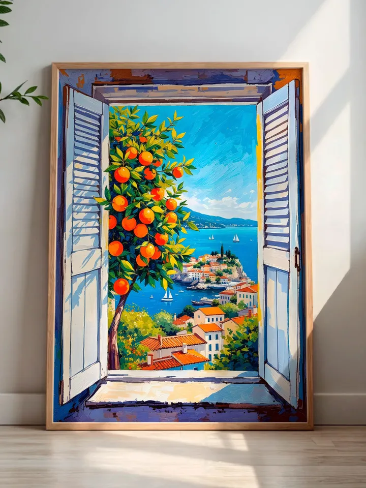 Henri Matisse Inspired Open Window Print Fauvism Coastal Scene Orange Tree Boats Mediterranean View Digital Wall Art Instant Download HMS4