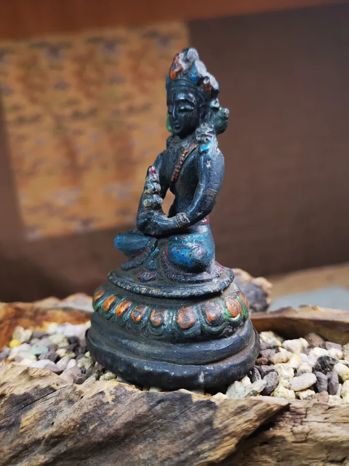 Gandhanra Antique Colored Tibetan Statue,Amitayus,Buddha of Longevity,80 Years Old
