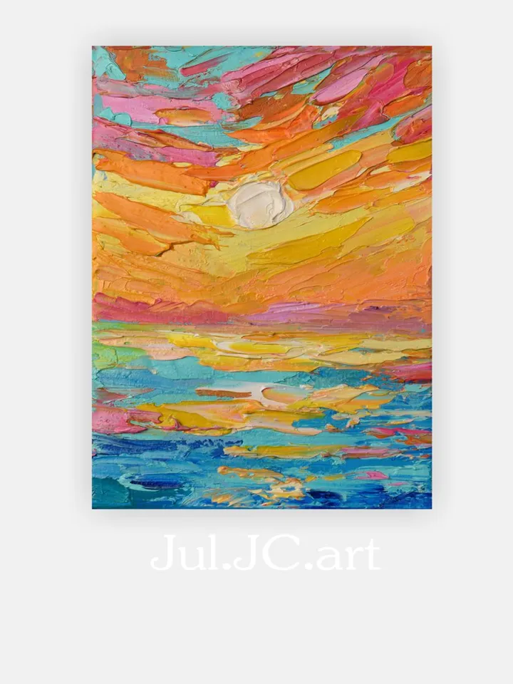 California Beach Abstract seascape Sunset Original Art Small Oil Painting California coast Artwork by Juliya JC