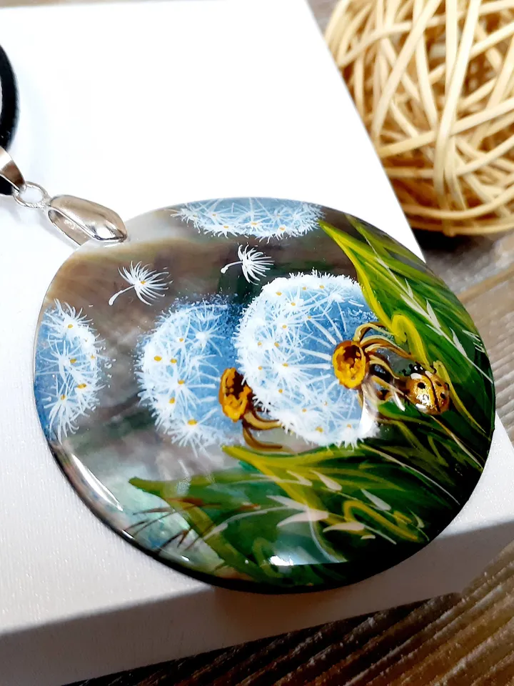 Whispering Dandelions: Hand-Painted Pearl Pendant in Green Grass - Nature's Delicate Charm, Symbol of Hope and Transformation