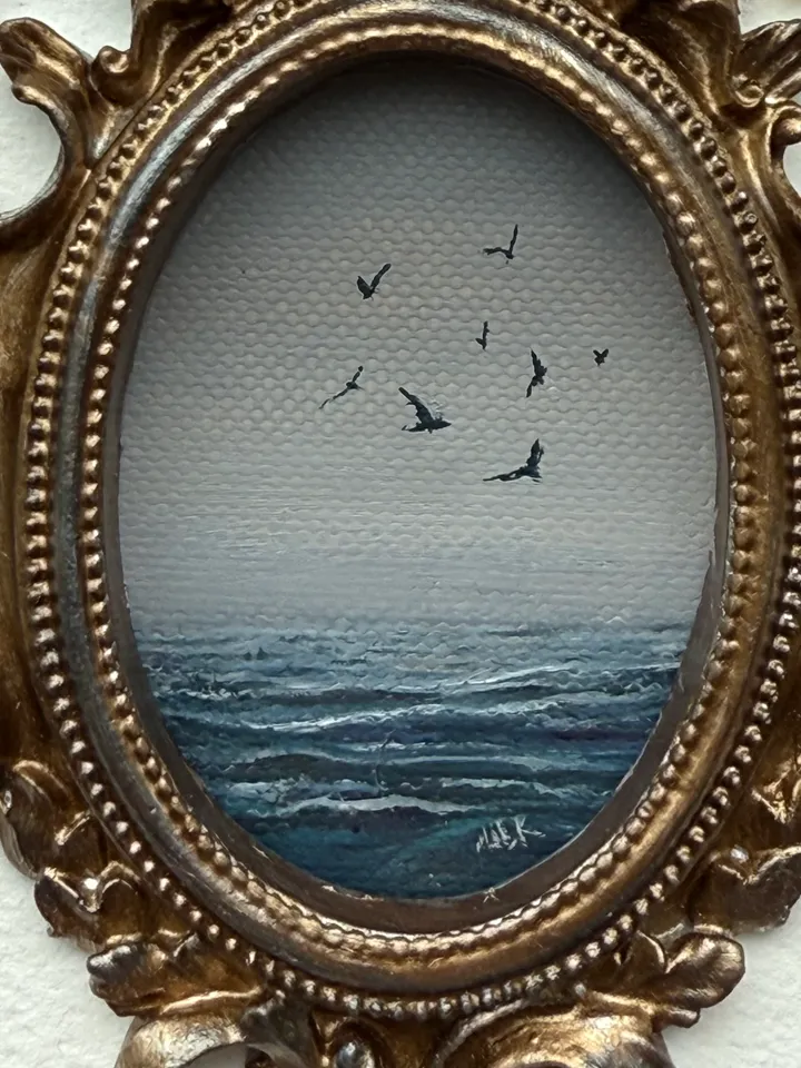 Ocean Landscape Painting Original In Vintage Style Frame Small Framed Museum Style Painting Art Renaissance Antique Seascape Painting Foggy Coast