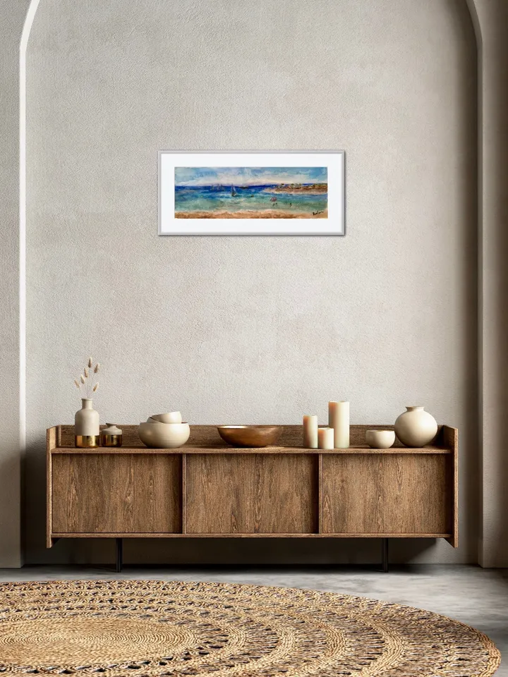 Tenerife Panoramic seascape,Las vistas beach,original watercolour painting,ocean,beach painting,boats painting,watercolour gifts.