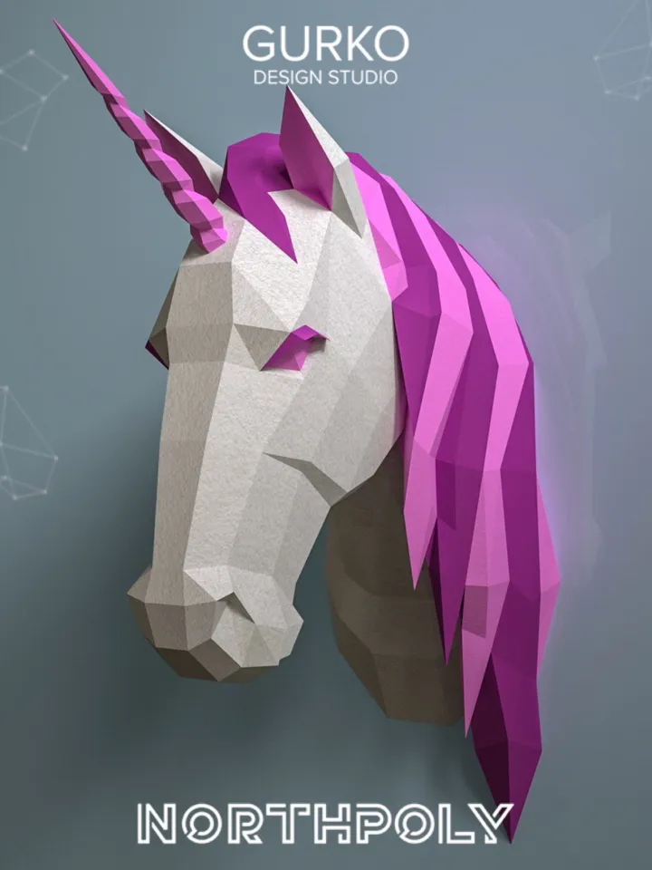 Unicorn Head Papercraft, Digital Template, PDF Download, Gurko, Trophy, 3D Low Poly, Pepakura, DIY Origami, Paper Decor, DIY Gift