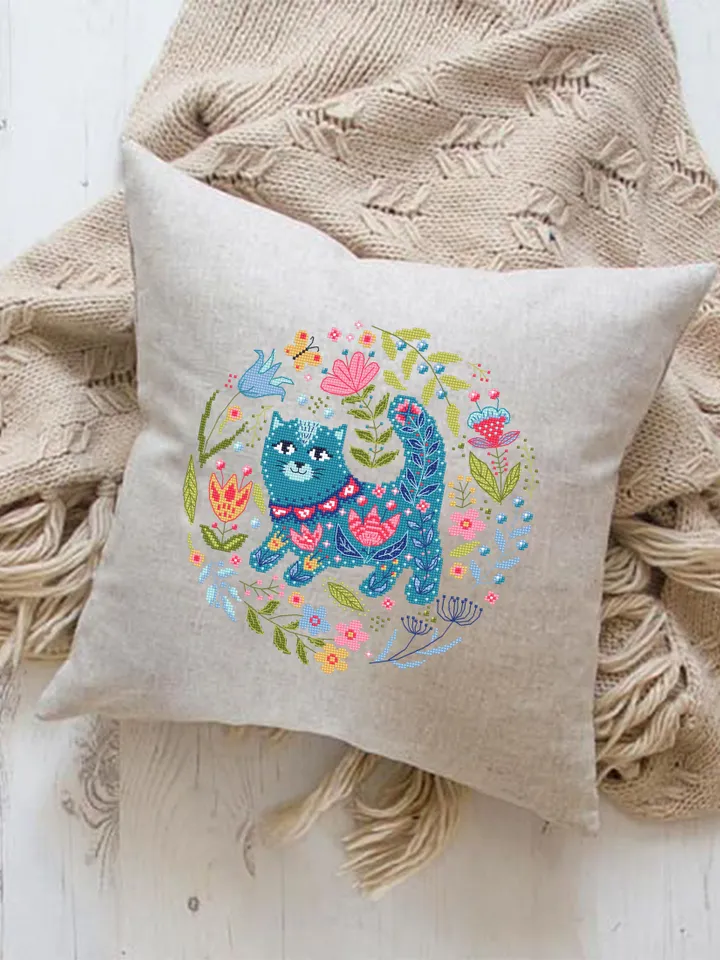 Floral cat cross stitch pattern PDF download Scandinavian folk cross stitch chart, Nordic cross stitch Scandinavian ornament embroidery #K20
