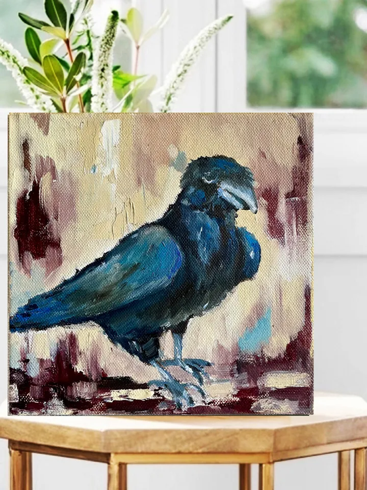 Crow painting, Original bird oil painting on canvas,  Raven wall art, Small animal artwork