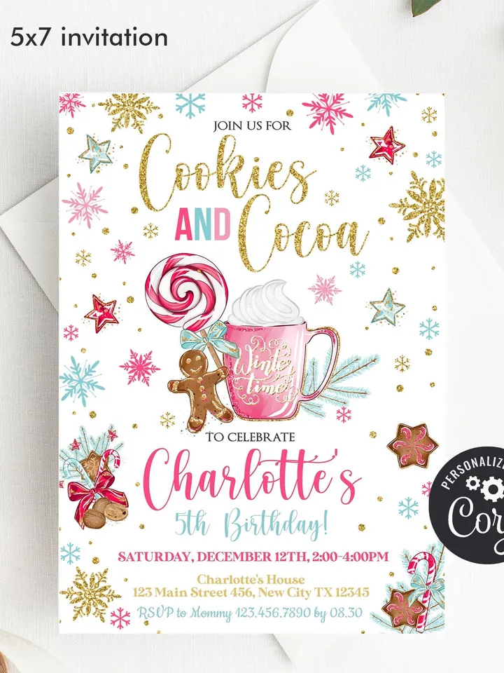 Cookies and Cocoa Birthday Invitation Girl Winter Time Birthday Invitation, Gingerbread Invitation, Editable Template