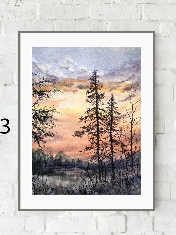 Sunset Watercolor Painting Landscape Set of 4 Prints Sunset Postcards