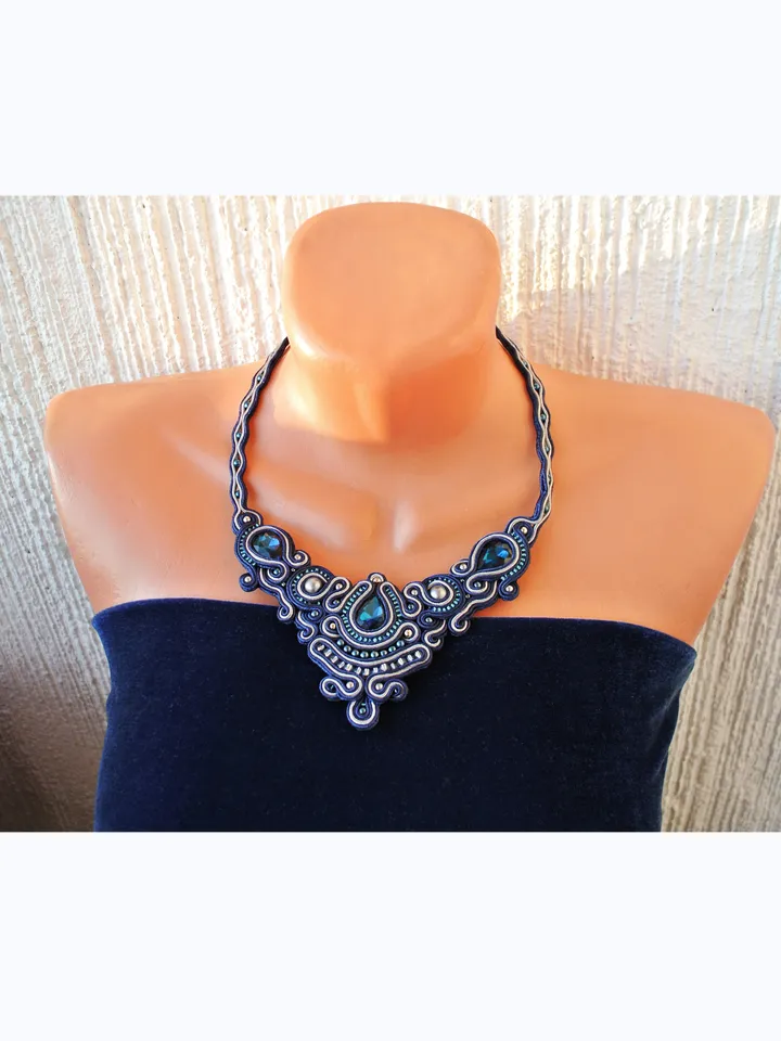Blue statement necklace, Rhinestone necklace, Soutache embroidered bib necklace