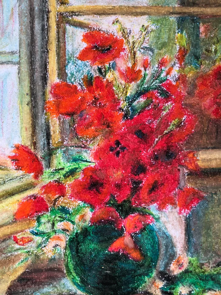 Bouquet of poppies wall art Original oil pastel painting 8x11 inch
