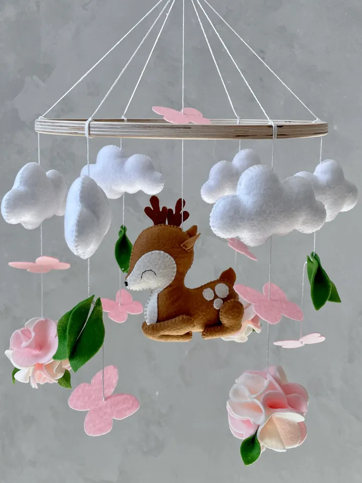 Deer mobile baby girl with flowers and butterflies, Woodland crib mobile girl