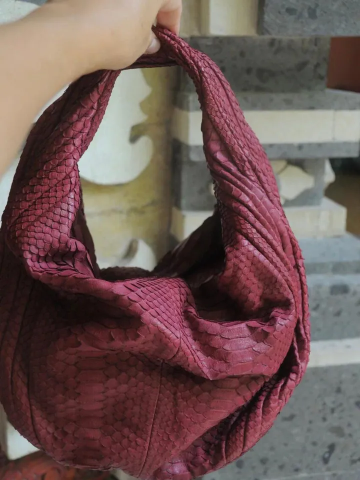 Medium Soft Hobo Classy Sport Woman Stitched Bag | Purse Genuine Python Skin | Dewi wine Big Elegant Leather Designer Soft Bag Snake |