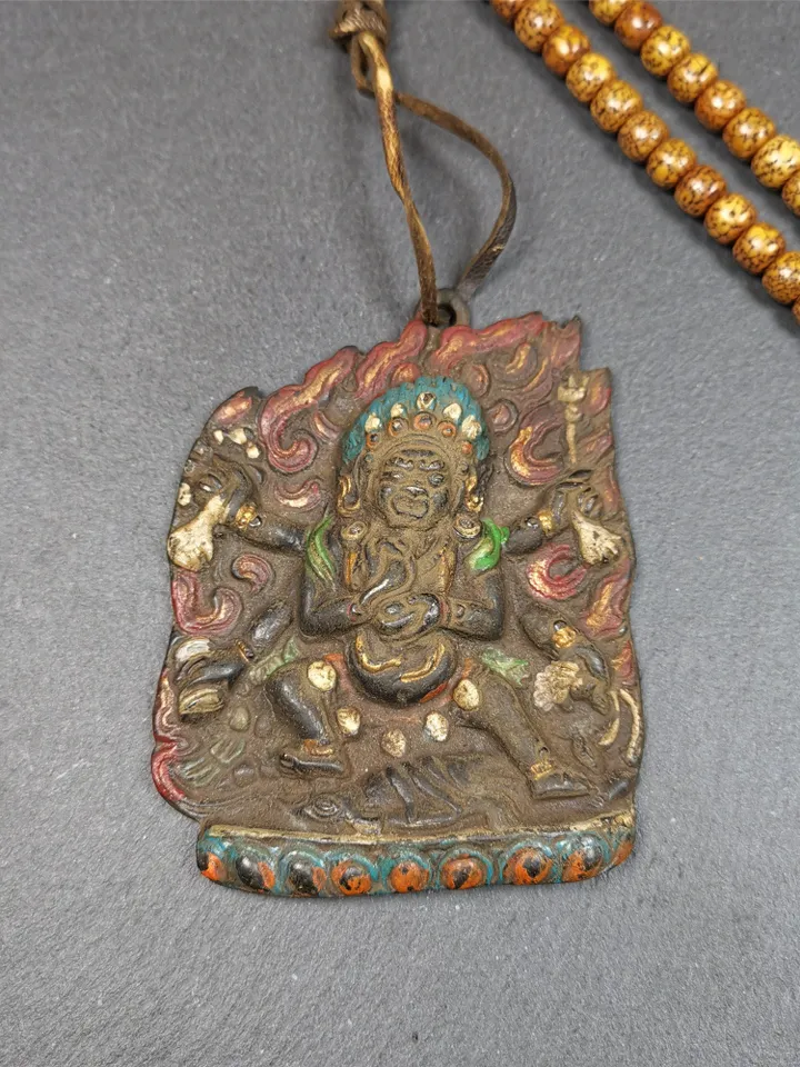 Gandhanra Antique Tibetan Buddha Statue,Mahakala Amulet Badge, Buddhist Protector Deity, Made of Thokcha