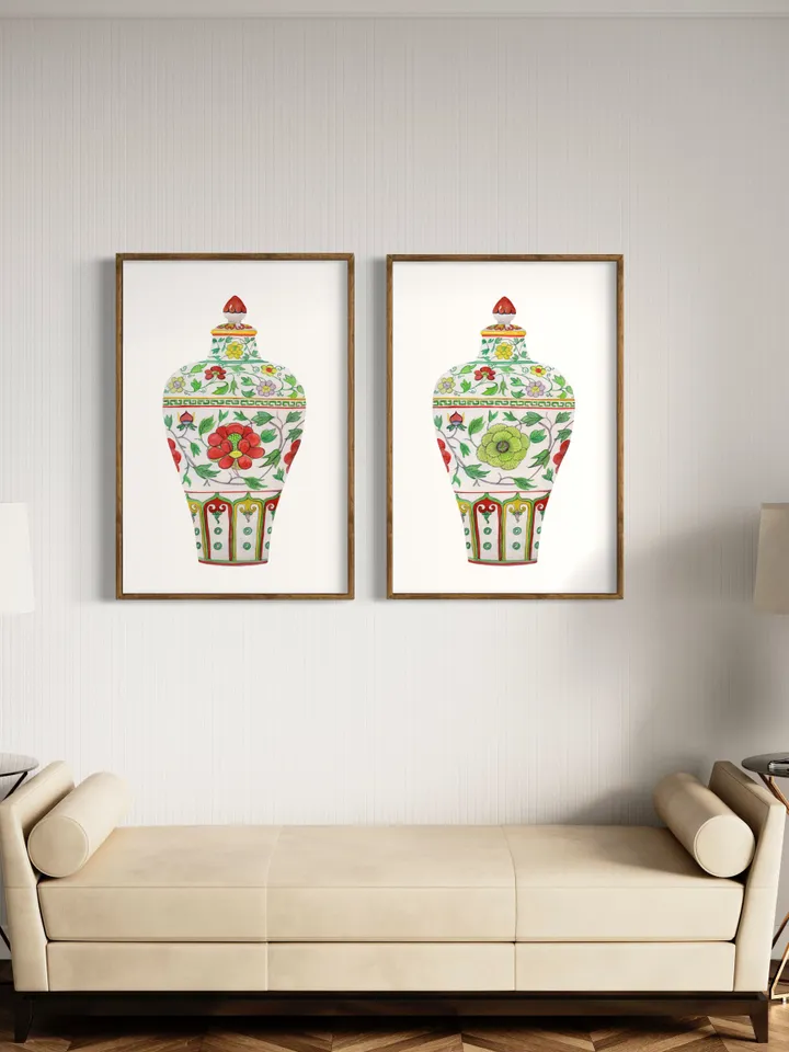 Green Set Of 2 Ginger Jars,Asian Vase Print, Chinoiserie Vase Wall Art Print ,Chinoiserie Set, Home Decor, Gift Idea For Living Room