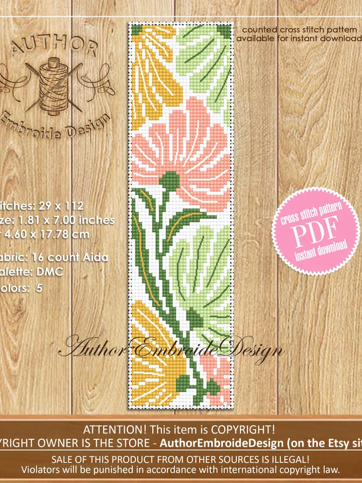 Abstract flowers bookmark cross stitch pattern PDF download Boho flowers cross stitch chart, Modern bookmark pattern digital PDF #B303