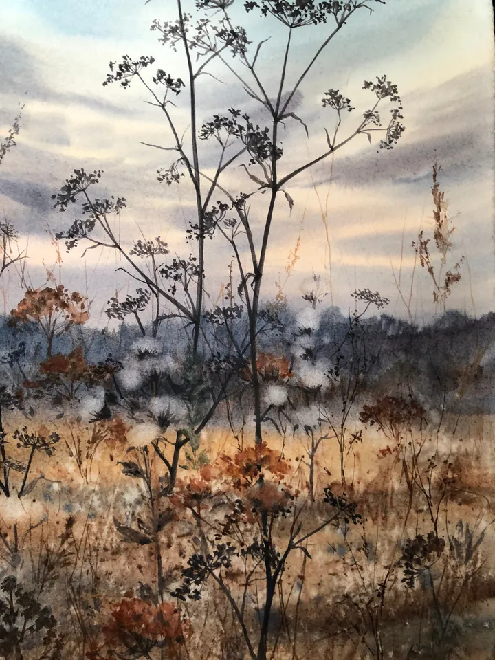 Meadow Original Watercolor Painting Field Landscape Wildflowers Art