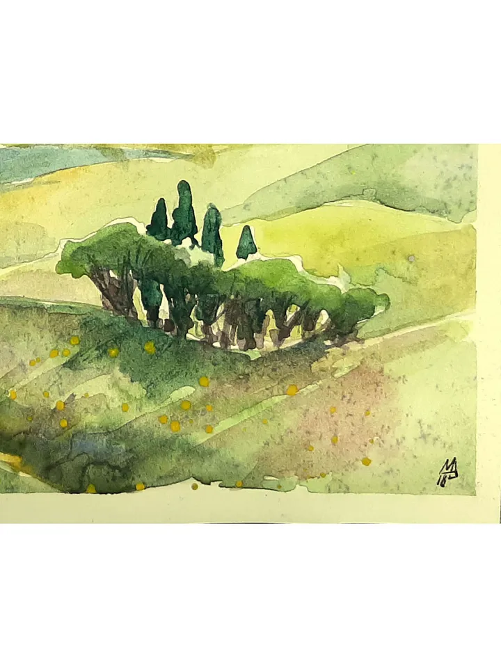 Tuscany Hills Sultry Summer Landscape 5,9 x 8,3 inches ORIGINAL Watercolor Painting yellow Small Art Signed by artist Marina Chuchko