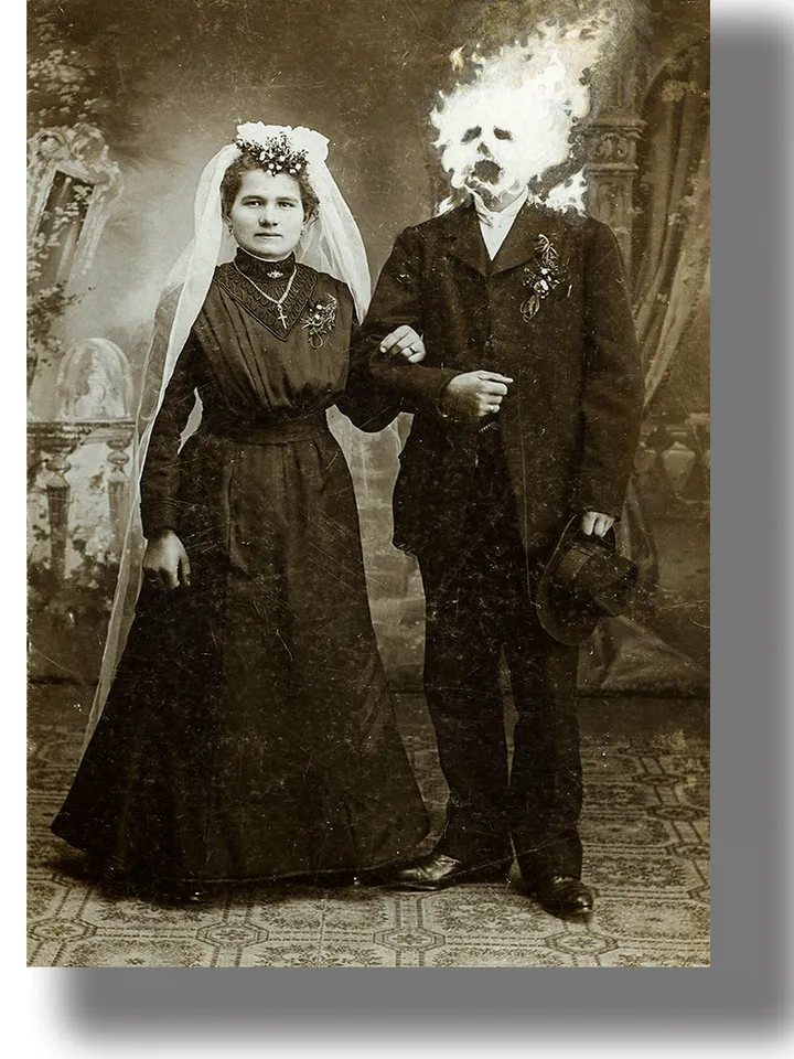 Victorian photo of a man with a burning head.