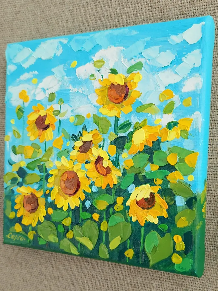 Sunflowers In The Field. Original Art. 6x6 inches.