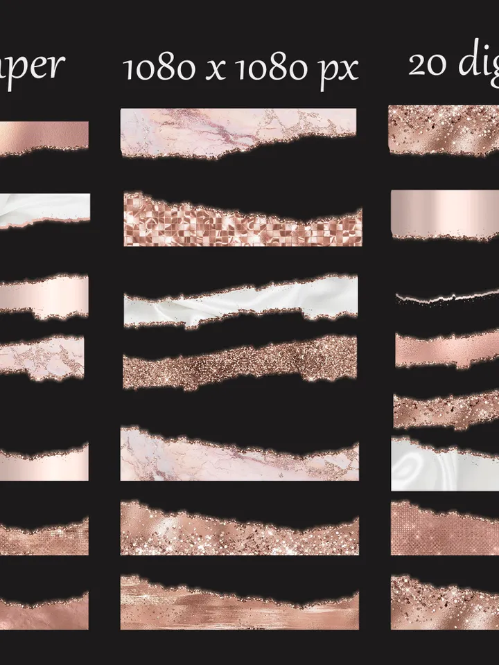 Glam Edges; Glam Digital Borders; Glitter Torn Paper; Glam Ripped Edged; Commercial Use; Glam Wavy Borders; Rose Gold Torn paper clip art