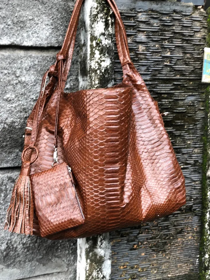 Big Soft Hobo Genuine Python Skin Polished Brown Bag | Exotic Python Leather Bag | Large Soft Leather Handmade Bag | Snakeskin Bag Woman