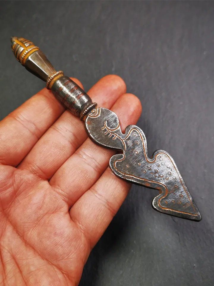 Gandhanra Handmade Tibetan Buddhist Ritual Implement - Kila - Snake Spear, Made of Cold Iron inlaid with Copper,5.5"