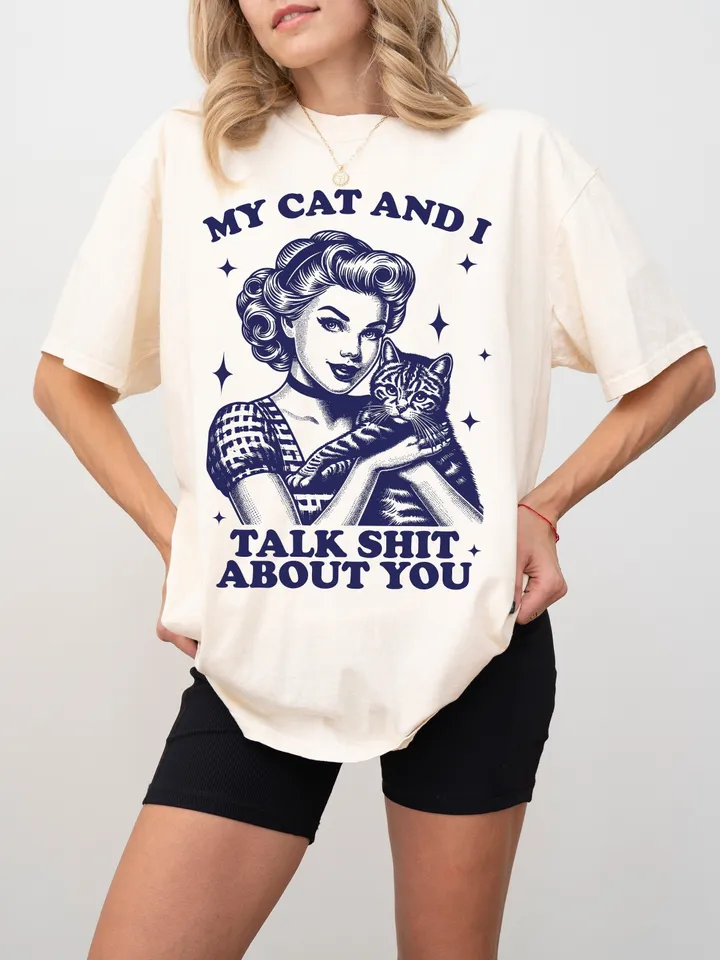 My Cat And I Talk Shit SVG PNG, Trendy Vintage Retro Housewife Funny Cat Sarcastic Adult Humor Sublimation Design Tee Mug png SVG Cut File