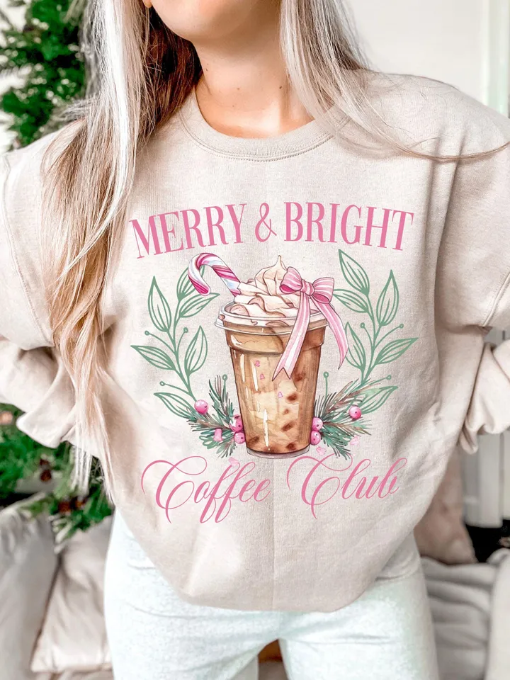 Pink Christmas Coffee Club, png, Christmas Coquette Bow png, Pink Christmas png, Girly png, Aesthetic png, Merry Christmas png, Merry Bright