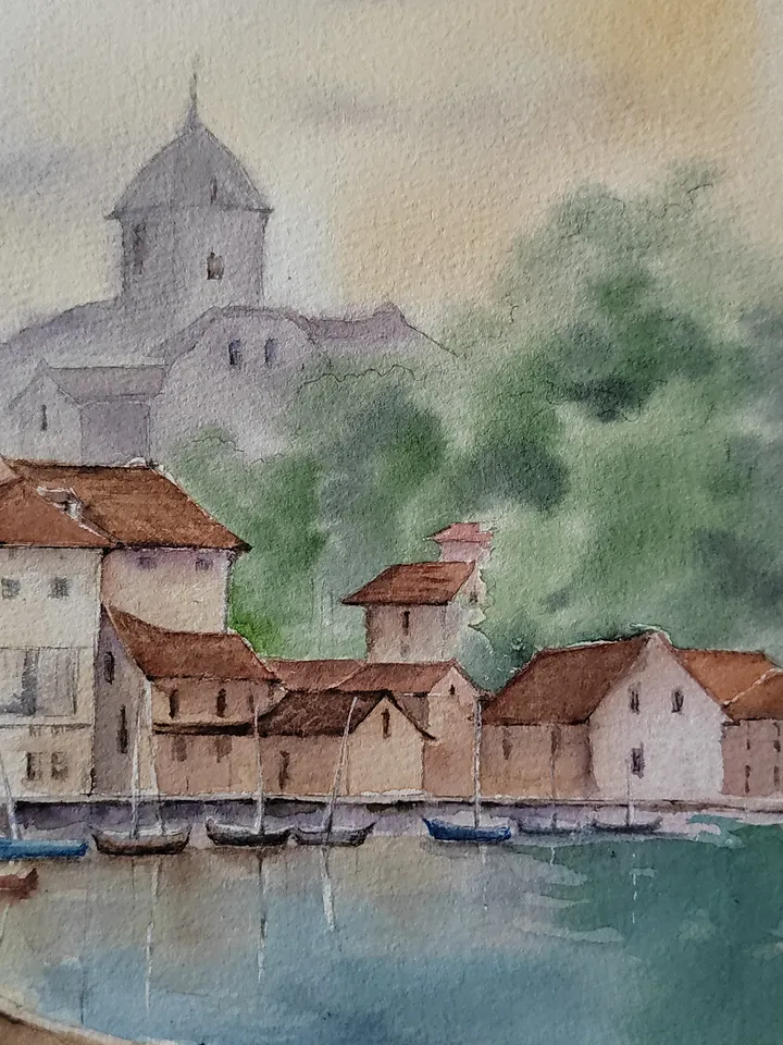 Original Watercolor Painting Cozy Landscape Art Italian Town Artwork Town Siesta Picture Sunny Day 30x40 cm by SoftWaves