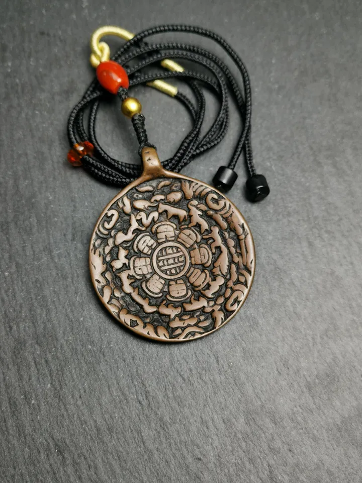 Gandhanra Vintage Tibetan Buddhist Calendar Amulet Sipaho Badge - Copper Melong Mirror Protective Charm Feng Shui Pendant,45mm