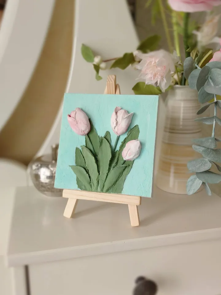 Set of canvas paintings of Lilies of the valley and tulips on easel Mothers gift Mini canvas painting of pink tulips on easel for Mother's Day Floral painting on easel Gift for woman Spring flowers