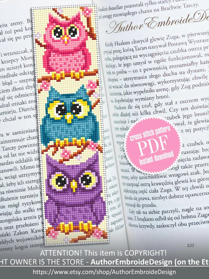 Owl bookmark cross stitch pattern PDF download Funny birds cross stitch chart, Cute bookmark pattern digital PDF, Book lover gift #B418