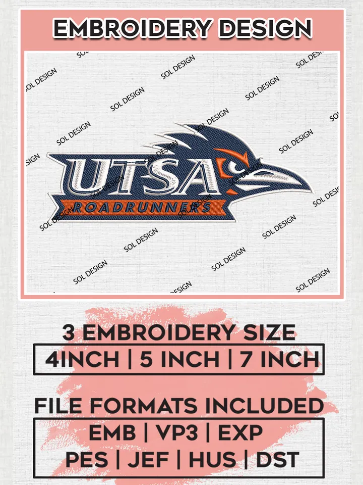 UTSA Roadrunners College Football Team Head Mascot Logo Embroidery Design Files, NCAA UTSA Roadrunners Machine Embroidery, NCAA Teams, 3 sizes, NCAA Machine embroidery designs, Digital Download
