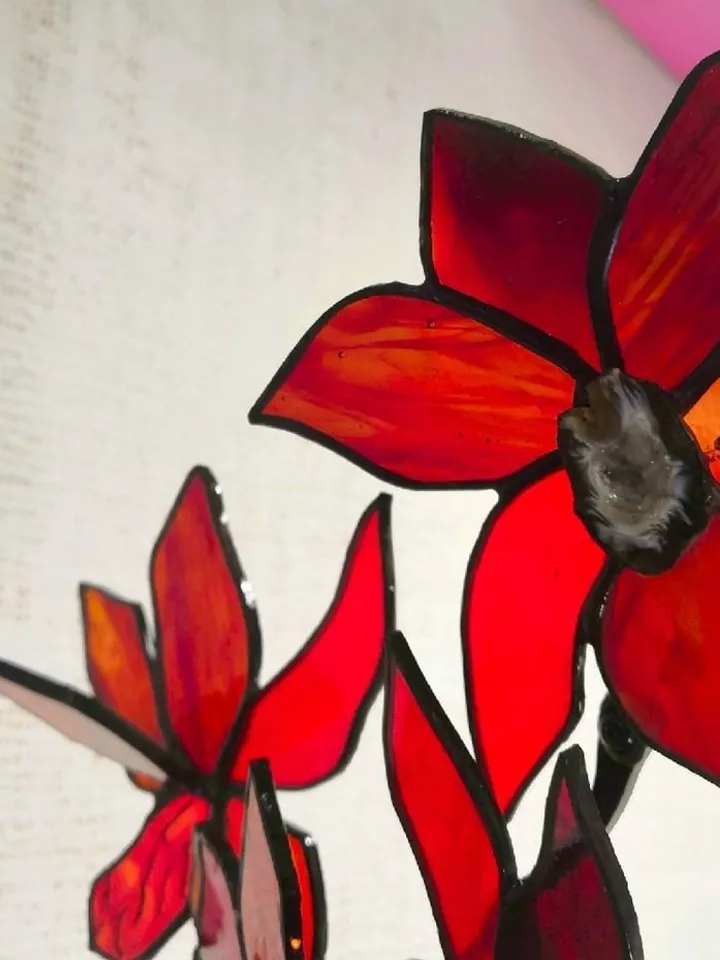 Stained Glass: Red Orchid Branch (Small) with Agates, Small Red Orchid Branch with Agates, Tiffany Stained Glass: Red Orchid Sprig with Agate Inlays, Red Orchid Branch (Small) with Agates, Handcrafted Tiffany Glass: Small Red Orchid with Agates