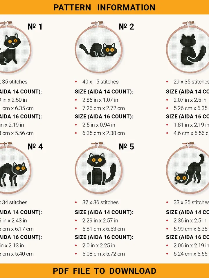 Bundle 6 mini black cat Cross stitch pattern, tiny animal, Nature, animals, beginner counted, modern chart, DIY, embroidery, instant PDF