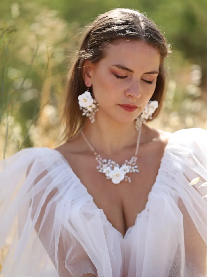 Boho Wedding Jewelry Set For Brides, Floral Bridal Earrings, Boho Wedding Earrings, Flower Wedding Earrings, Statement Wedding Jewelry Set