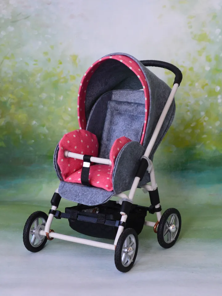 Miniature toy stroller for dolls in 1/6 scale. Accessories for small dolls and poupins. Pram for Barbie doll.