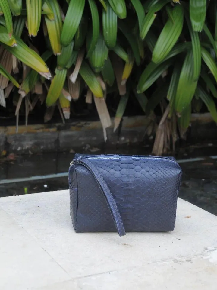 Genuine python skin blue cosmetic bag | travel kit bag | small leather purse | gift idea | small cosmetic unisex bag snakeskin handmade