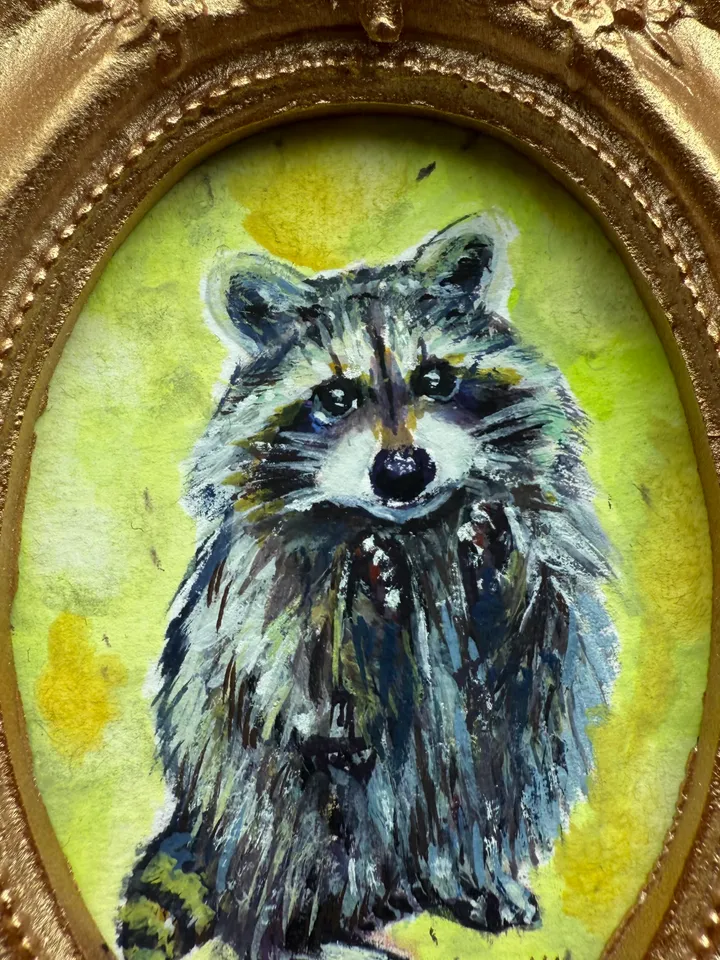 Raccoon Painting Original Small Framed Animals Gouache Painting Cute Wildlife Art Oval Frame