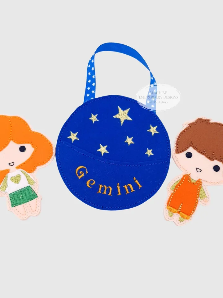 ITH Gemini Twins Finger Puppets & Bag Embroidery Design, Zodiac Star Sign Toy Set, 4x4 Hoop Christmas Ornament