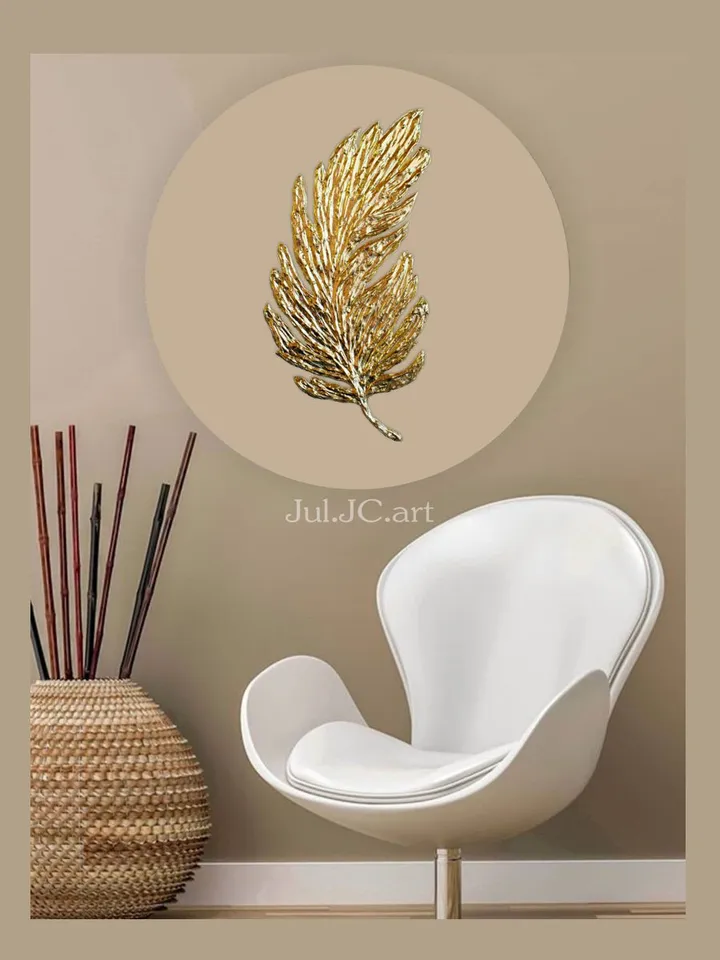 Gold Feather Abstract Painting Gold and Beige Wall Art on a round canvas Textured Artwork Modern wall decor