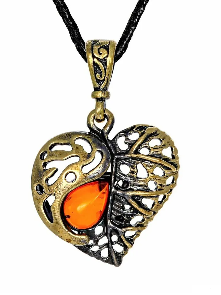 Tree Leaf Heart Charm Necklace Antique Gold Brass and Amber Openwork Vintage Pendant Gift For Girl Women Nature Jewelry