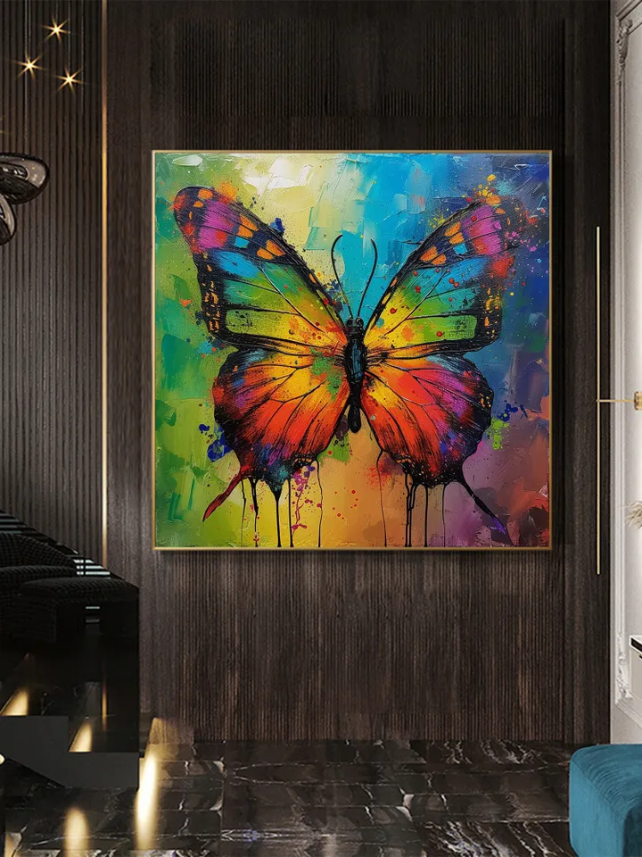 Original Colorful Butterfly Oil Painting On Canvas, Large Wall Art, Abstract Animals Painting, Office Wall Art, Custom Painting, Home Decor