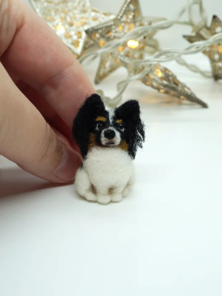Tiny needle felted papillon , miniature felted pet, dog portrait, made to order
