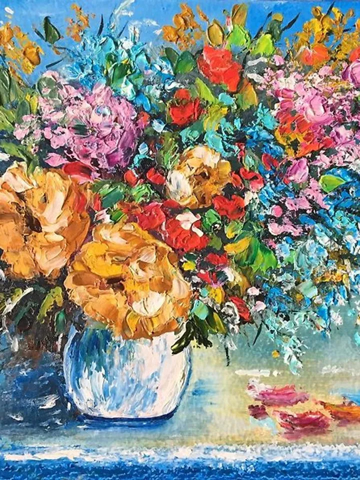 Oil painting Postcard Bouquet of flowers oil cardboard palette knife