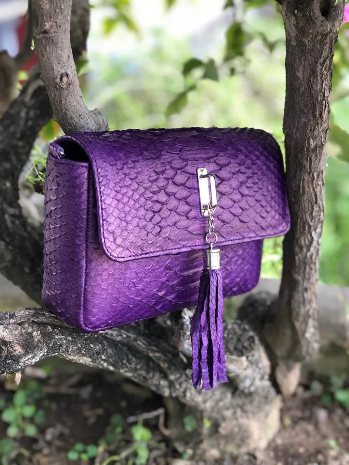 Genuine python skin TASSEL bag violet color, violet leather bag, tassel bag crossbody, small leather bag chain, elegant classy small bag