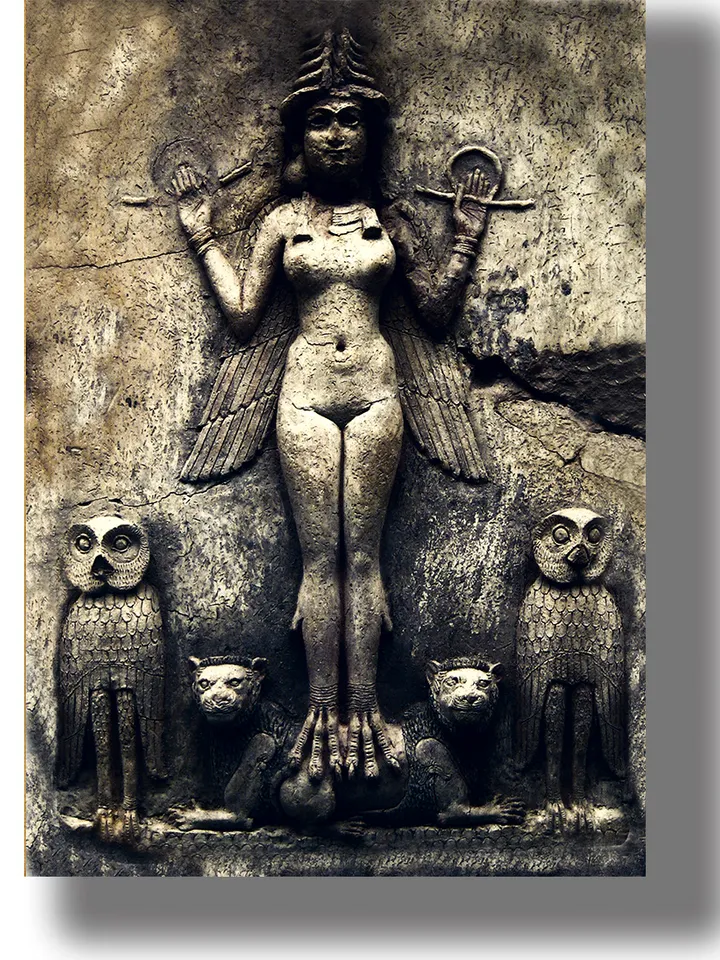 Queen of the night. The Burney Relief. Illustration of the demoness Lilith.