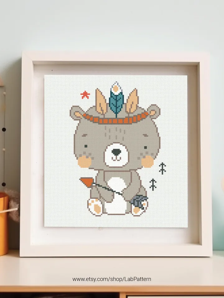 Bear Boho Style aesthetic mini cross stitch pattern, baby, animal, boy girl nursery decor, counted, chart, gift DIY, embroidery, instant PDF
